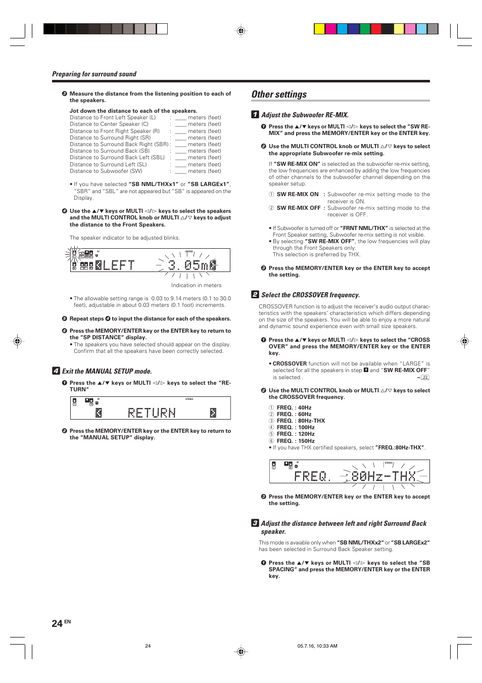 Other settings 1, Exit the manual setup mode, Preparing for surround sound | Adjust the subwoofer re-mix, Select the crossover frequency | Kenwood KRF-X9090D User Manual | Page 24 / 64