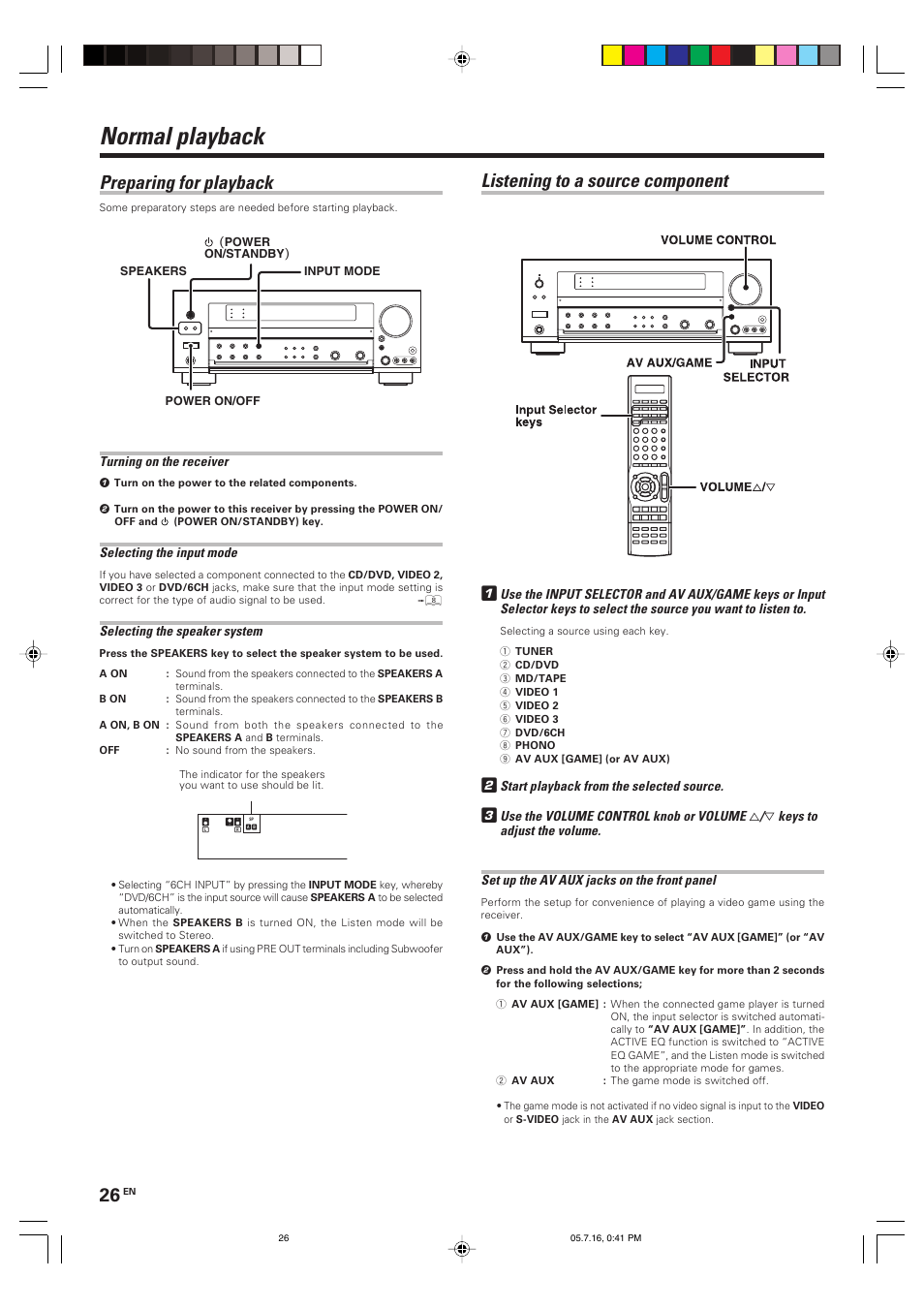 Normal playback, Listening to a source component 1, Preparing for playback | Kenwood KRF-X9090D User Manual | Page 26 / 64