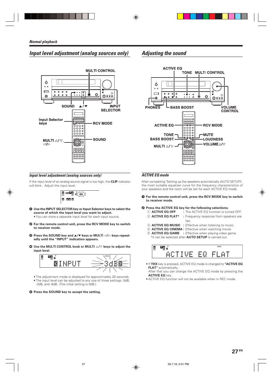 Adjusting the sound, Input level adjustment (analog sources only), Normal playback | Active eq mode | Kenwood KRF-X9090D User Manual | Page 27 / 64