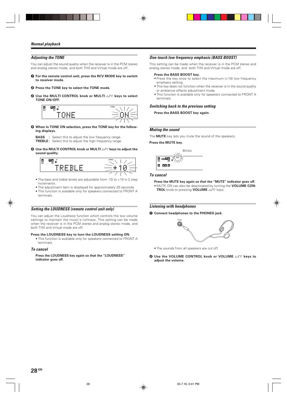 Normal playback adjusting the tone, Setting the loudness (remote control unit only), One-touch low frequency emphasis (bass boost) | Switching back to the previous setting, Muting the sound, Listening with headphones | Kenwood KRF-X9090D User Manual | Page 28 / 64