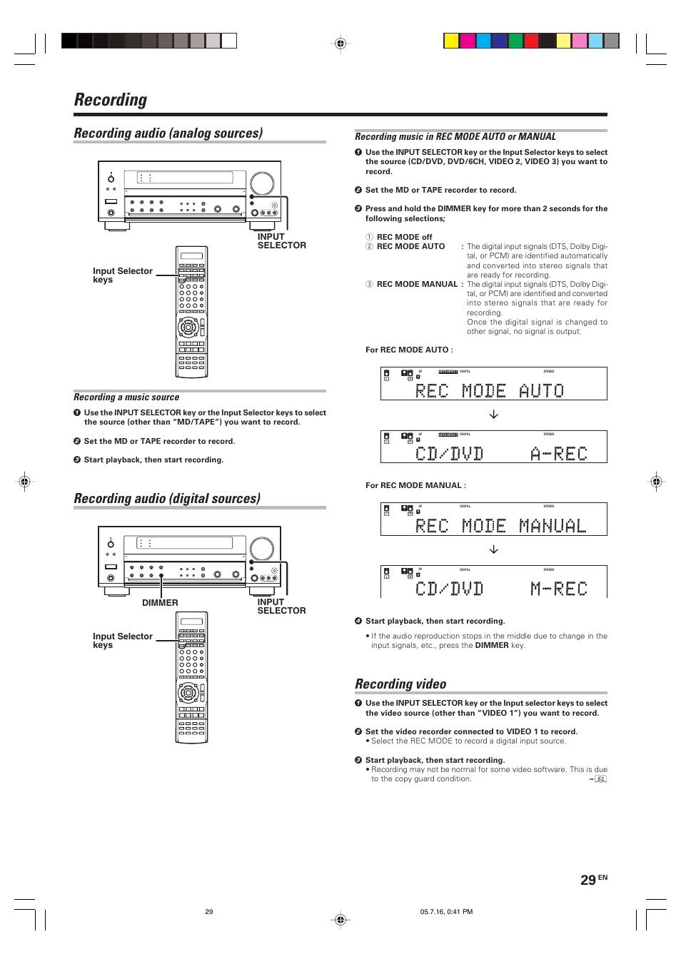 Recording, Recording video, Recording audio (analog sources) | Recording audio (digital sources), Recording music in rec mode auto or manual, Recording a music source, Input selector keys input selector, Input selector keys input selector dimmer, For rec mode manual | Kenwood KRF-X9090D User Manual | Page 29 / 64