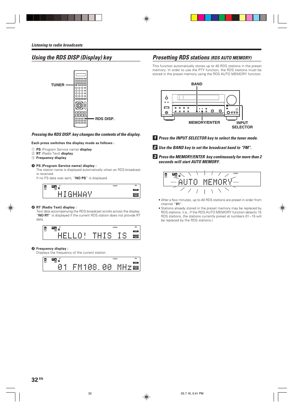 Using the rds disp (display) key, Presetting rds stations, Listening to radio broadcasts | Use the band key to set the broadcast band to “fm, Rds disp. tuner | Kenwood KRF-X9090D User Manual | Page 32 / 64