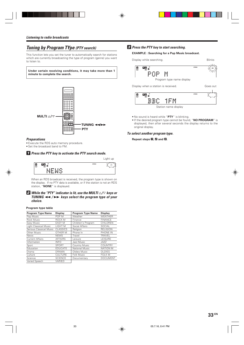 Tuning by program type, Pty search), Press the pty key to start searching | Listening to radio broadcasts, Preparations, Press the pty key to activate the pty search mode, While the “pty” indicator is lit, use the multi, Keys or tuning, Keys select the program type of your choice | Kenwood KRF-X9090D User Manual | Page 33 / 64