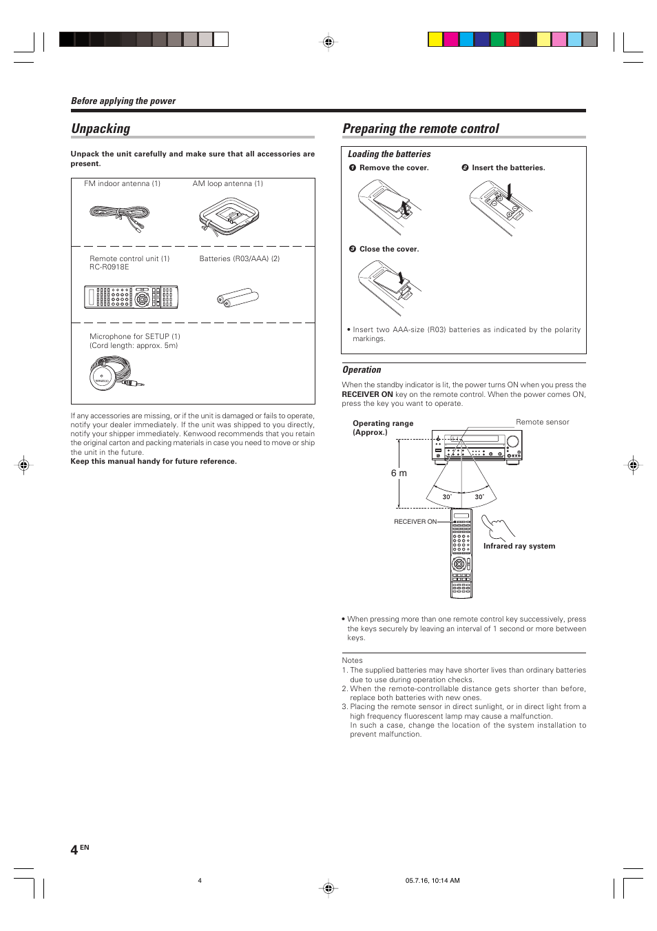 Unpacking, Preparing the remote control | Kenwood KRF-X9090D User Manual | Page 4 / 64