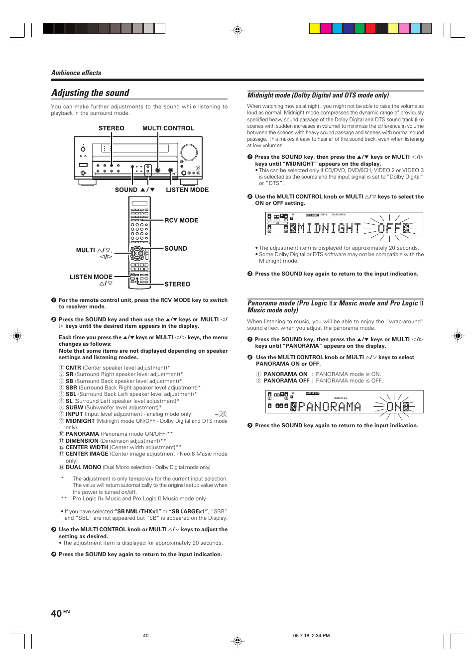 Adjusting the sound, Ambience effects, Midnight mode (dolby digital and dts mode only) | Panorama mode (pro logic, X music mode and pro logic, Music mode only) | Kenwood KRF-X9090D User Manual | Page 40 / 64