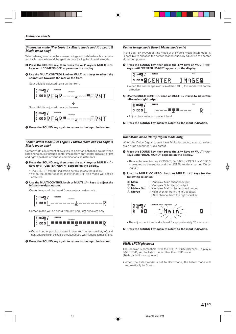 Dimension mode (pro logic, X music mode and pro logic, Music mode only) | Center width mode (pro logic, Dual mono mode (dolby digital mode only), 96khz lpcm playback | Kenwood KRF-X9090D User Manual | Page 41 / 64