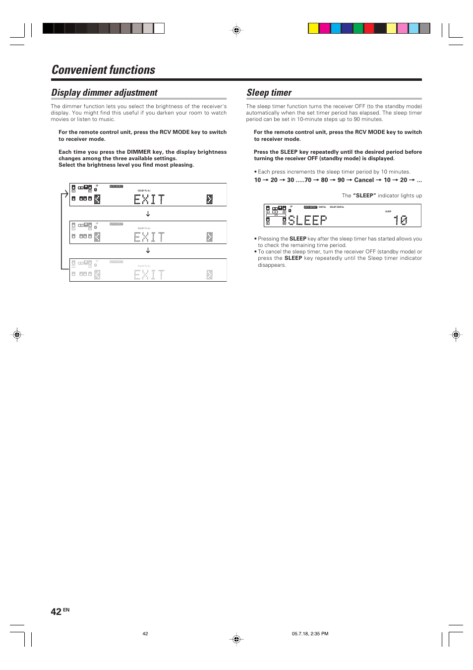 Convenient functions, Display dimmer adjustment, Sleep timer | The “sleep” indicator lights up | Kenwood KRF-X9090D User Manual | Page 42 / 64