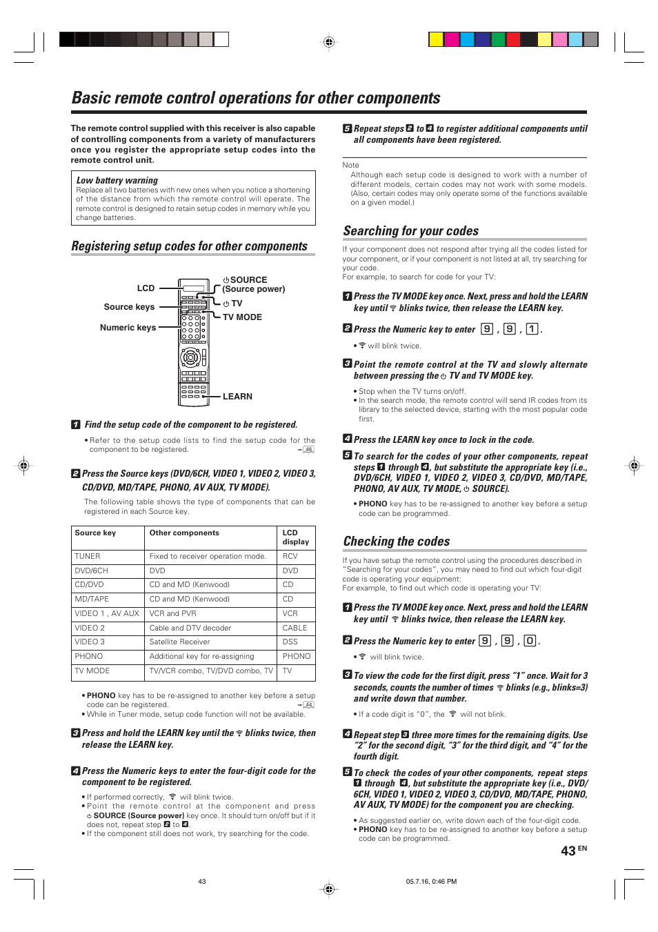 Registering setup codes for other components, Searching for your codes, Checking the codes | Kenwood KRF-X9090D User Manual | Page 43 / 64