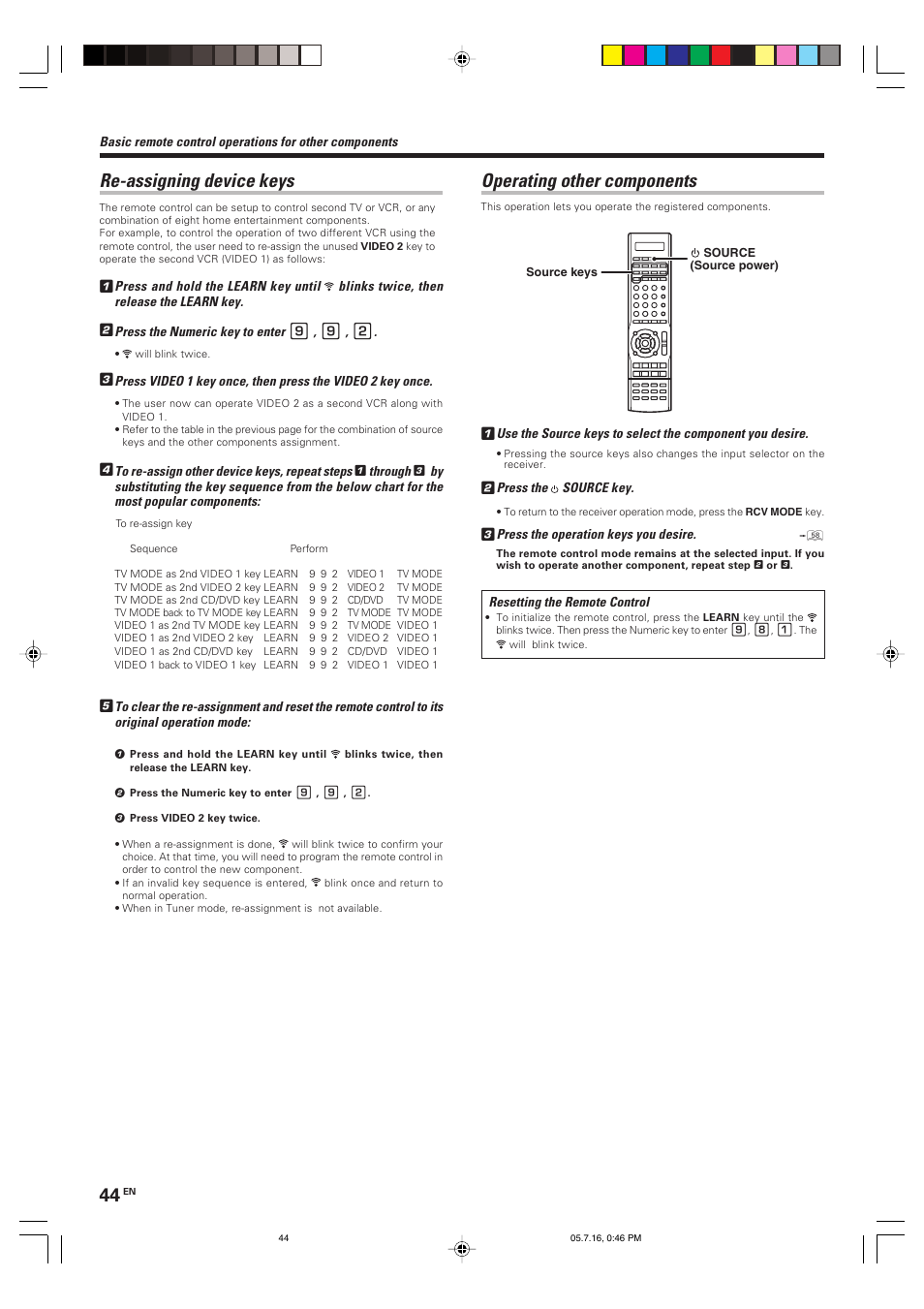 Re-assigning device keys, Operating other components | Kenwood KRF-X9090D User Manual | Page 44 / 64