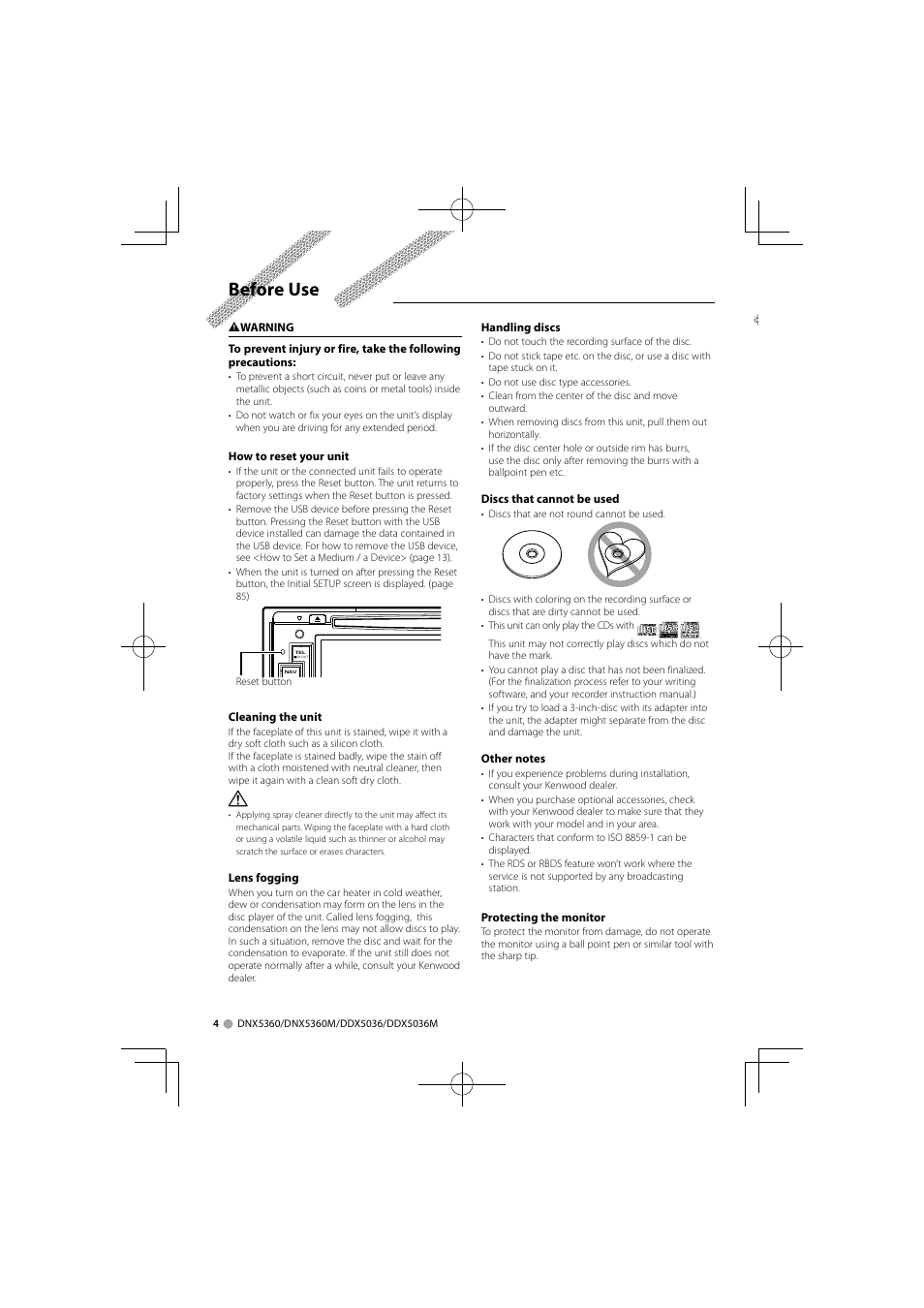 Before use | Kenwood DNX5360M User Manual | Page 4 / 96
