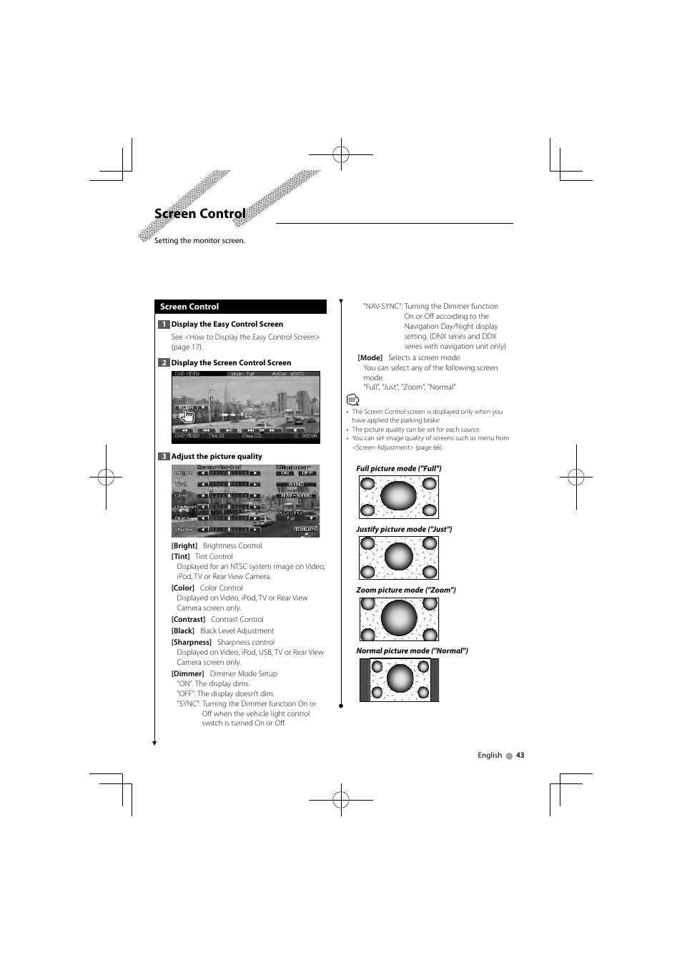 Screen control | Kenwood DNX5360M User Manual | Page 43 / 96