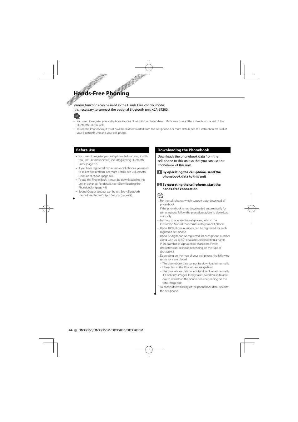 Hands-free phoning | Kenwood DNX5360M User Manual | Page 44 / 96