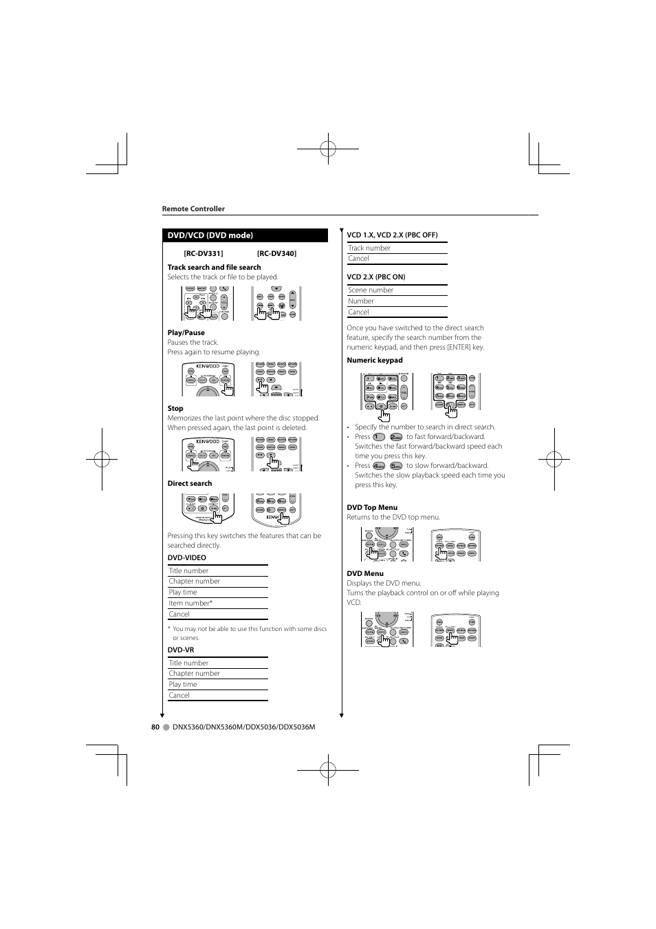 Dvd/vcd (dvd mode), Direct search | Kenwood DNX5360M User Manual | Page 80 / 96