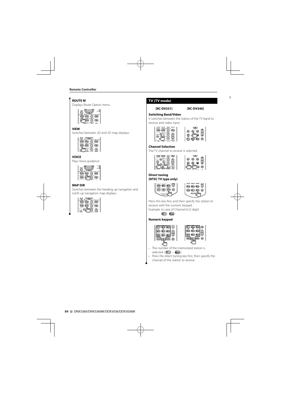 Tv (tv mode), Direct tuning (ntsc tv type only), Numeric keypad | Kenwood DNX5360M User Manual | Page 84 / 96