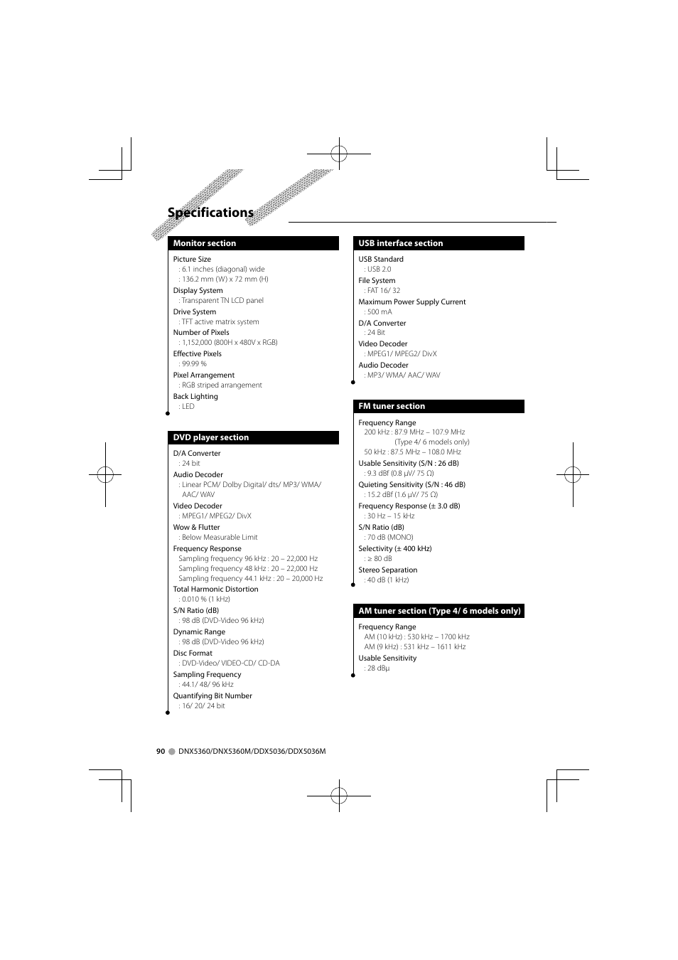 Specifications | Kenwood DNX5360M User Manual | Page 90 / 96