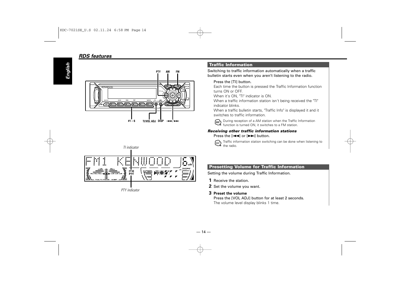 Rds features | Kenwood KDC-7021SE  EN User Manual | Page 14 / 38