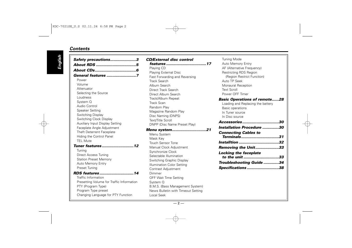 Kenwood KDC-7021SE  EN User Manual | Page 2 / 38