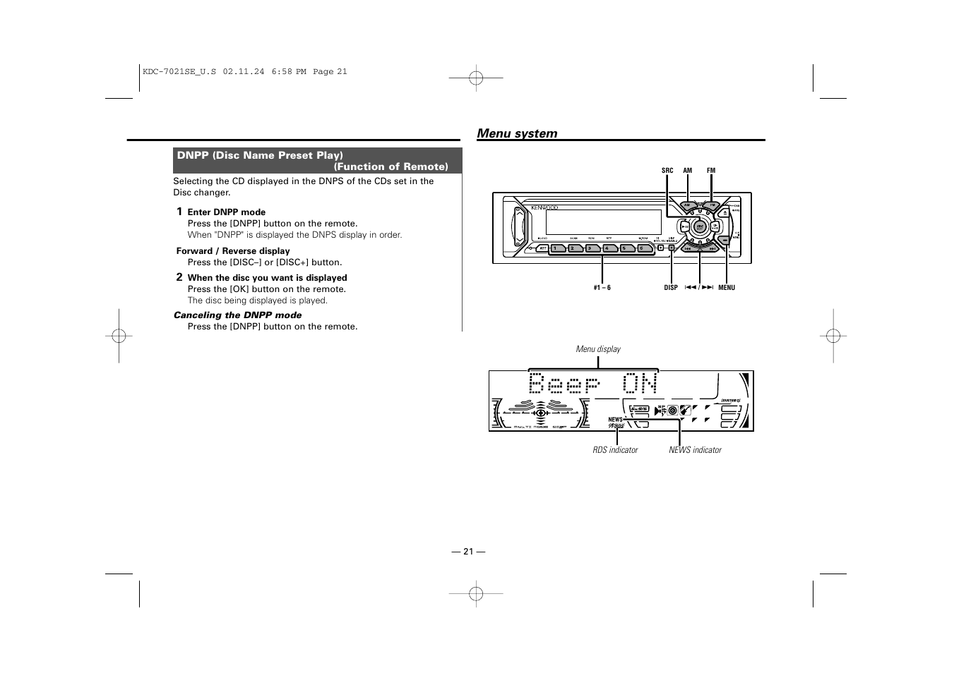 Menu system | Kenwood KDC-7021SE  EN User Manual | Page 21 / 38