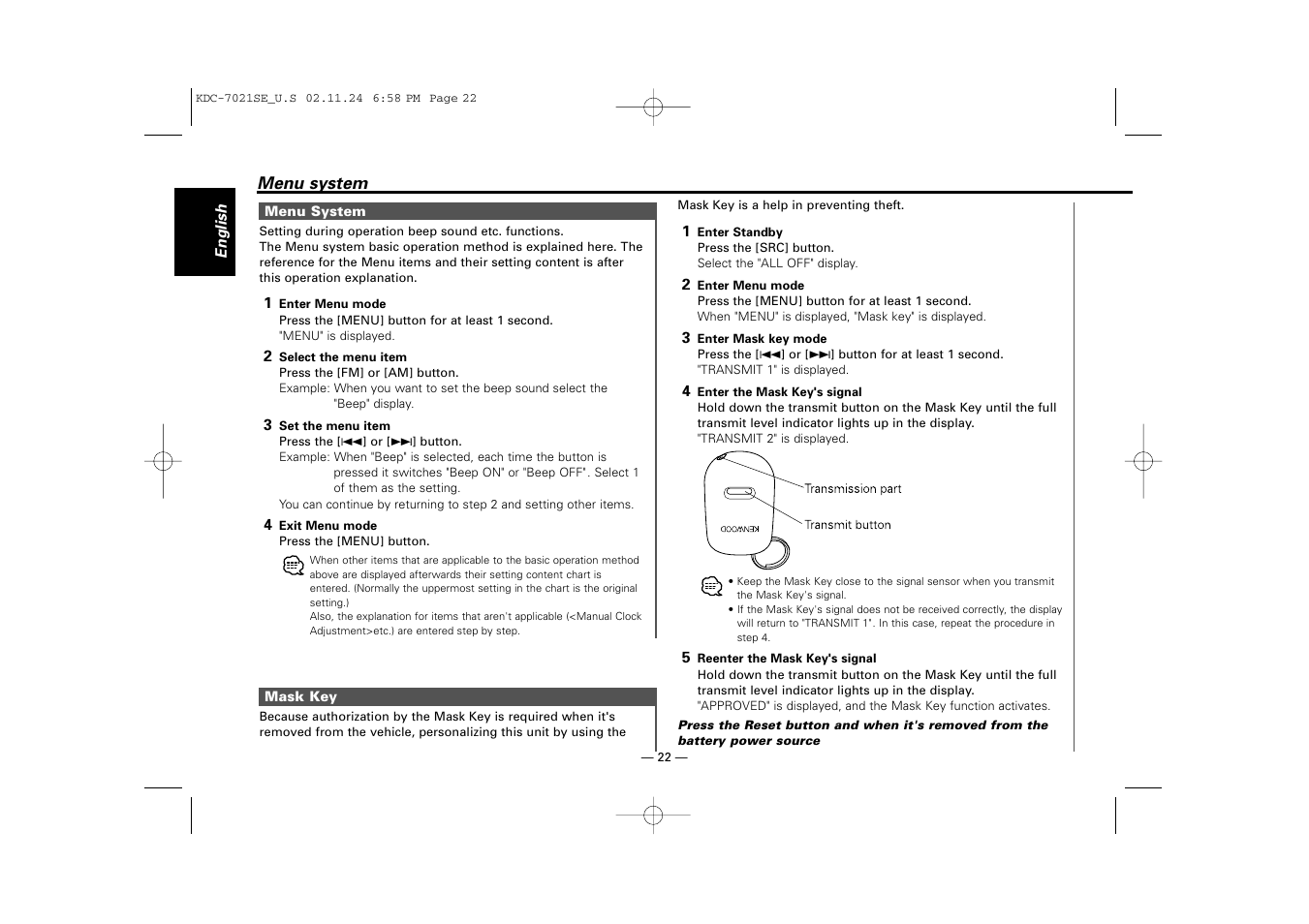 Kenwood KDC-7021SE  EN User Manual | Page 22 / 38