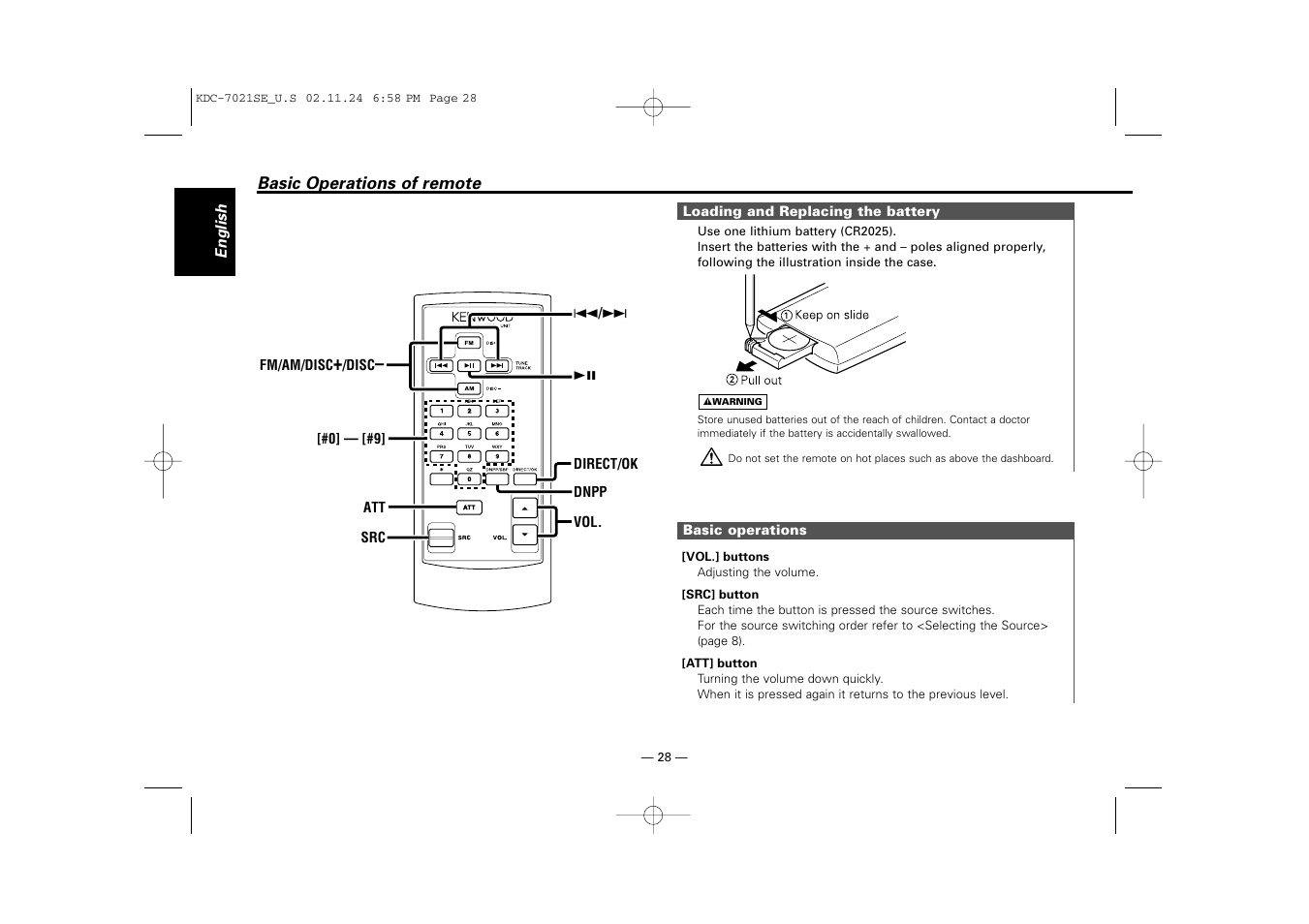 Basic operations of remote | Kenwood KDC-7021SE  EN User Manual | Page 28 / 38