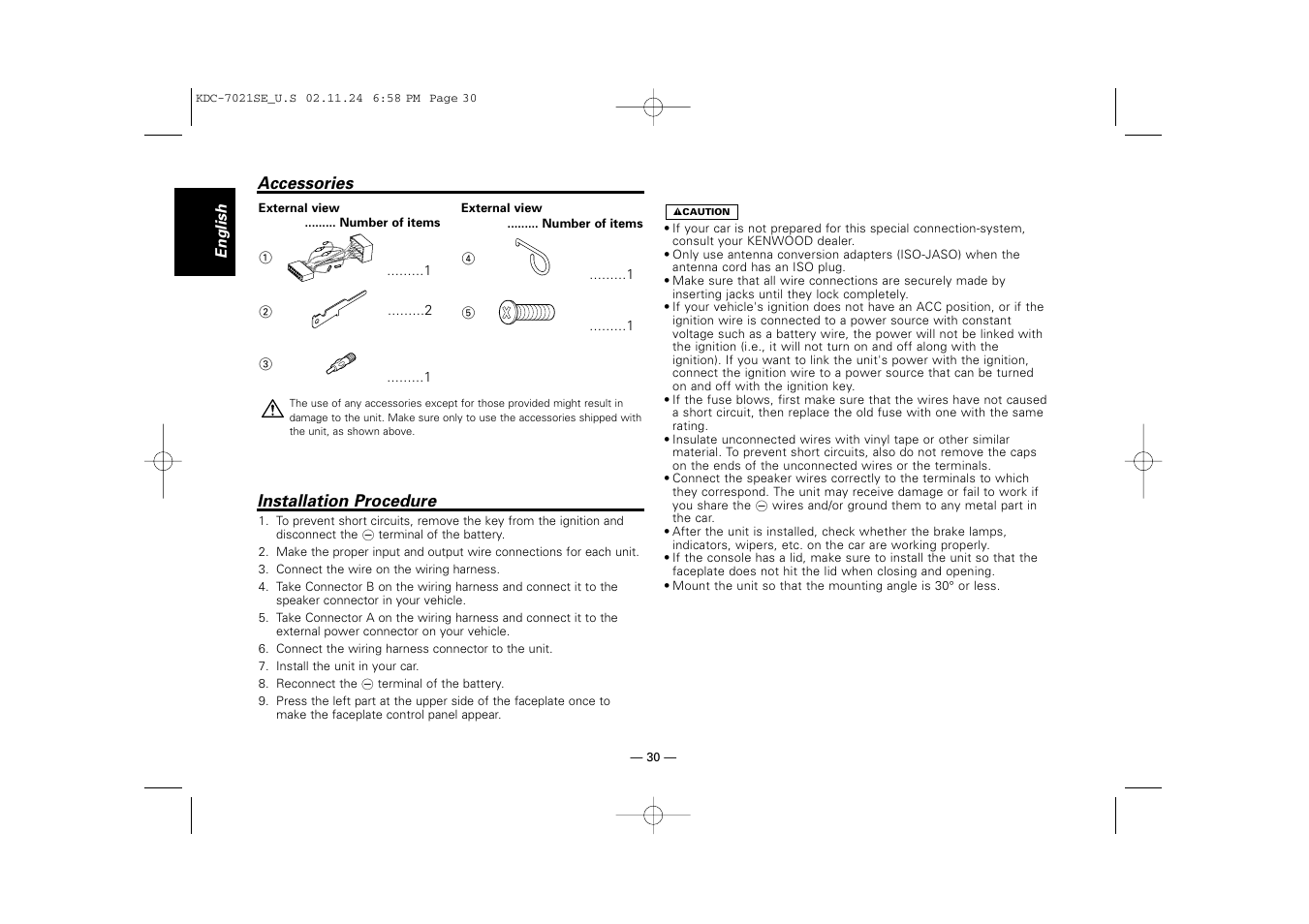 Accessories, Installation procedure | Kenwood KDC-7021SE  EN User Manual | Page 30 / 38