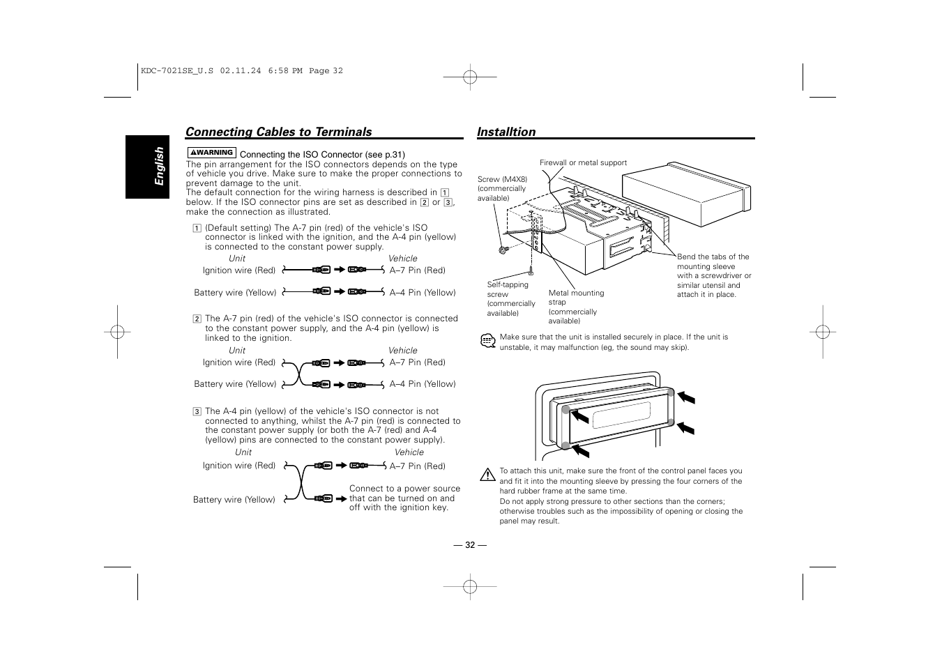 Installtion | Kenwood KDC-7021SE  EN User Manual | Page 32 / 38