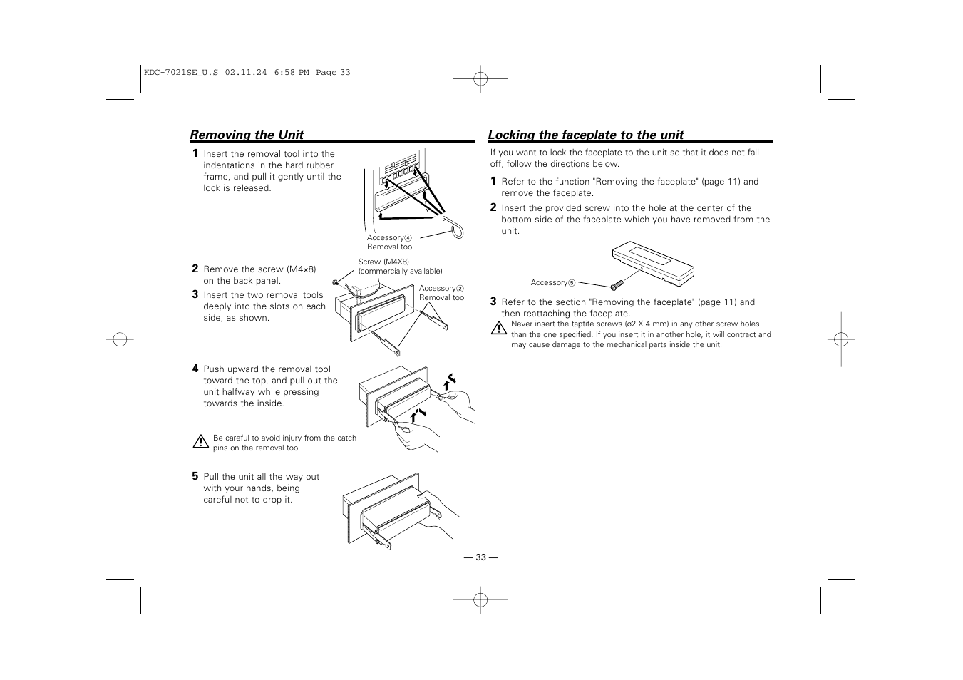 Removing the unit, Locking the faceplate to the unit | Kenwood KDC-7021SE  EN User Manual | Page 33 / 38