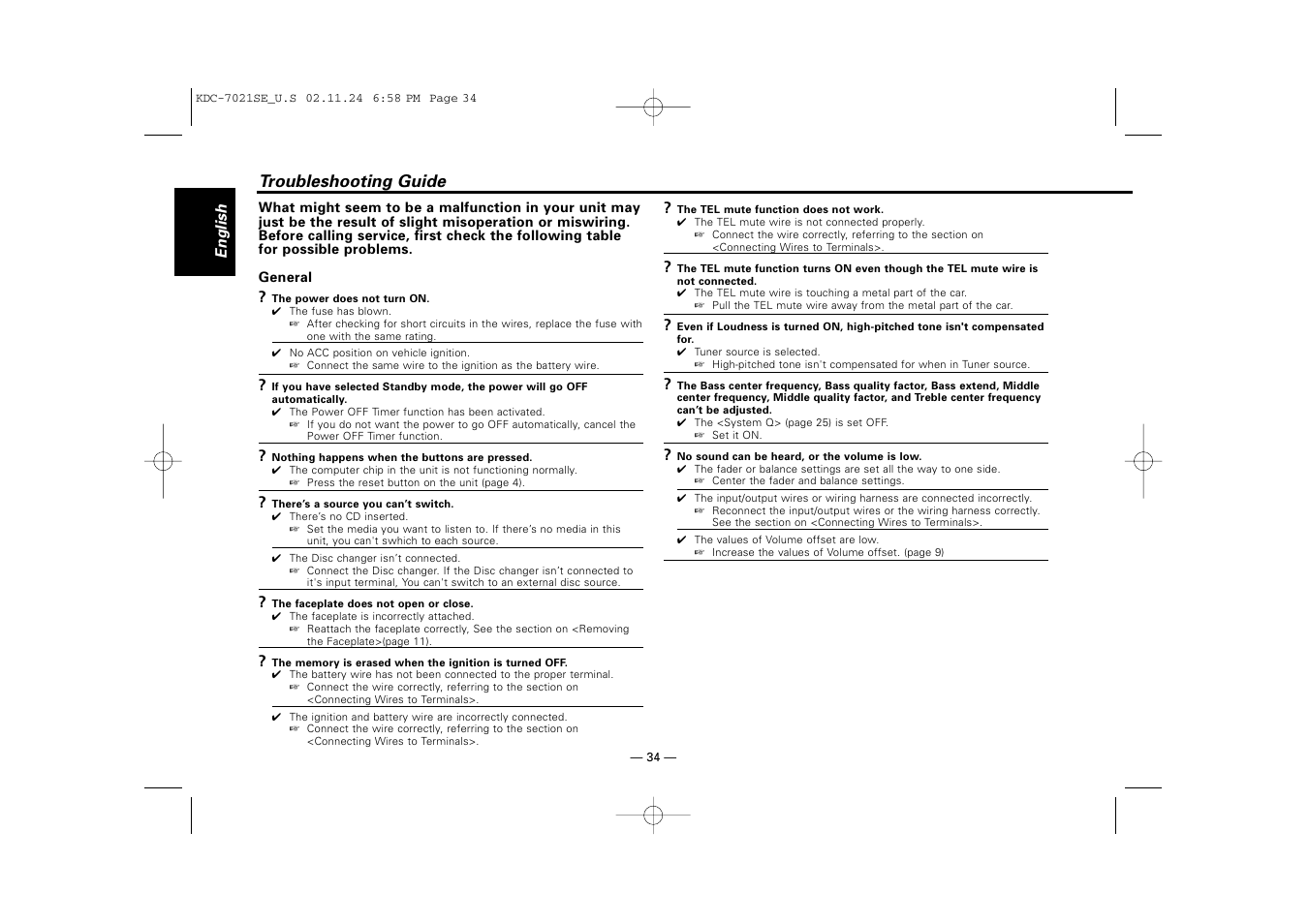 Troubleshooting guide | Kenwood KDC-7021SE  EN User Manual | Page 34 / 38