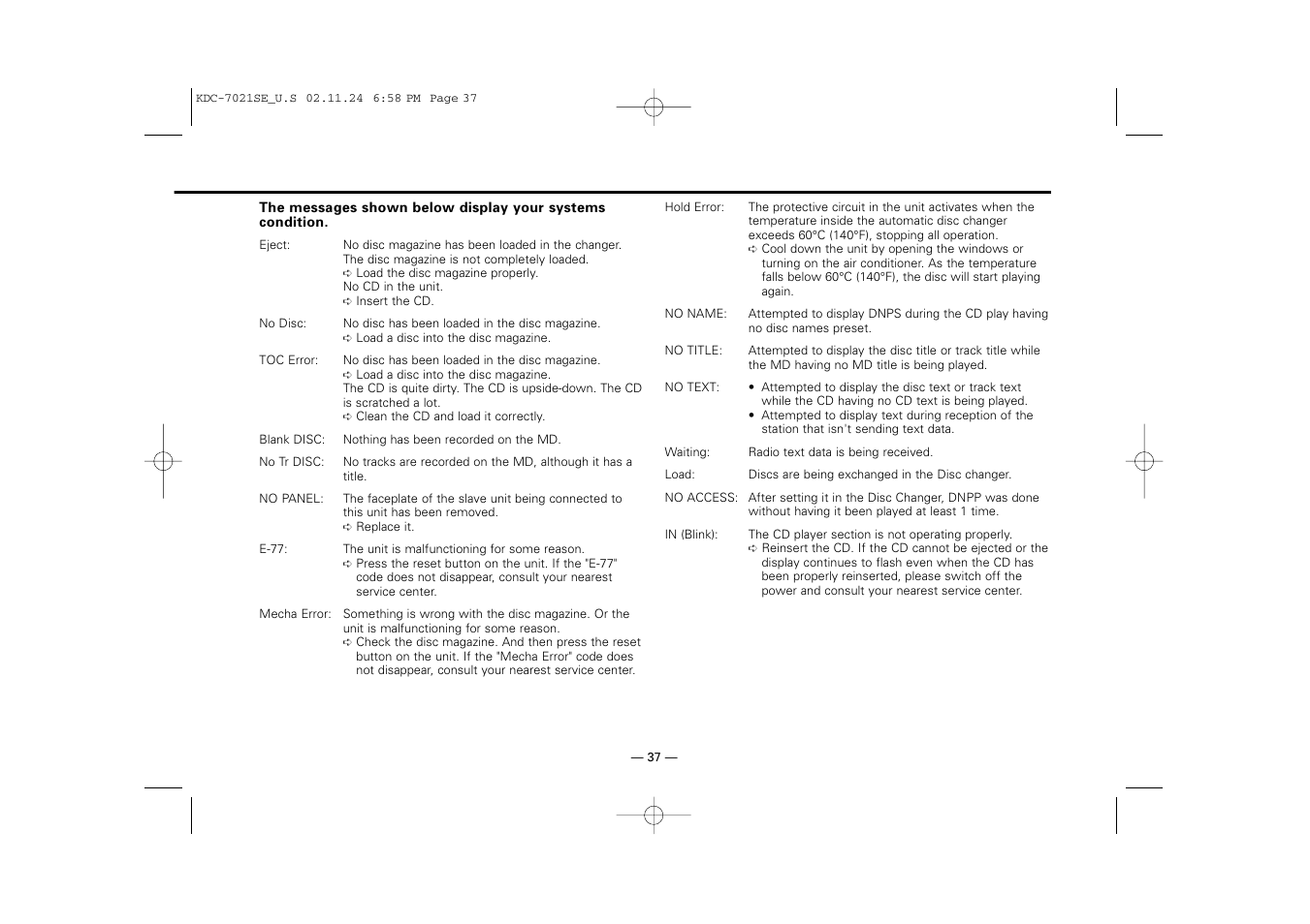 Kenwood KDC-7021SE  EN User Manual | Page 37 / 38