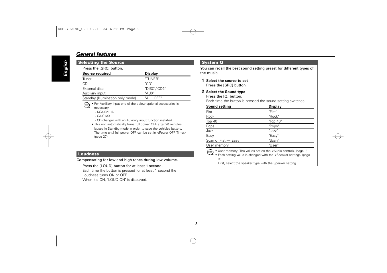 Kenwood KDC-7021SE  EN User Manual | Page 8 / 38