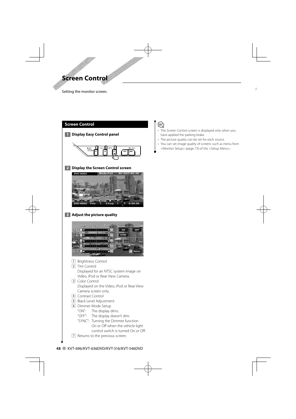 Screen control | Kenwood KVT-696 User Manual | Page 48 / 100