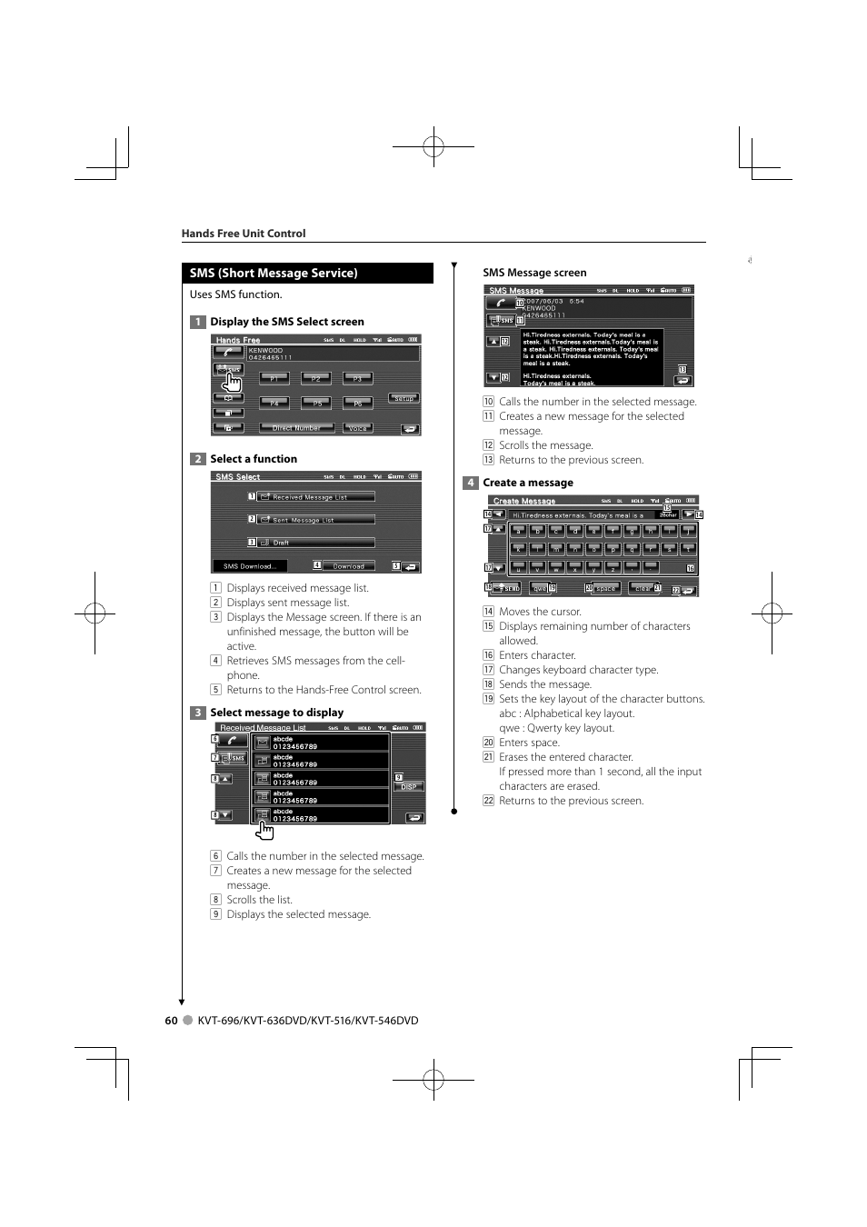 Sms (short message service) | Kenwood KVT-696 User Manual | Page 60 / 100