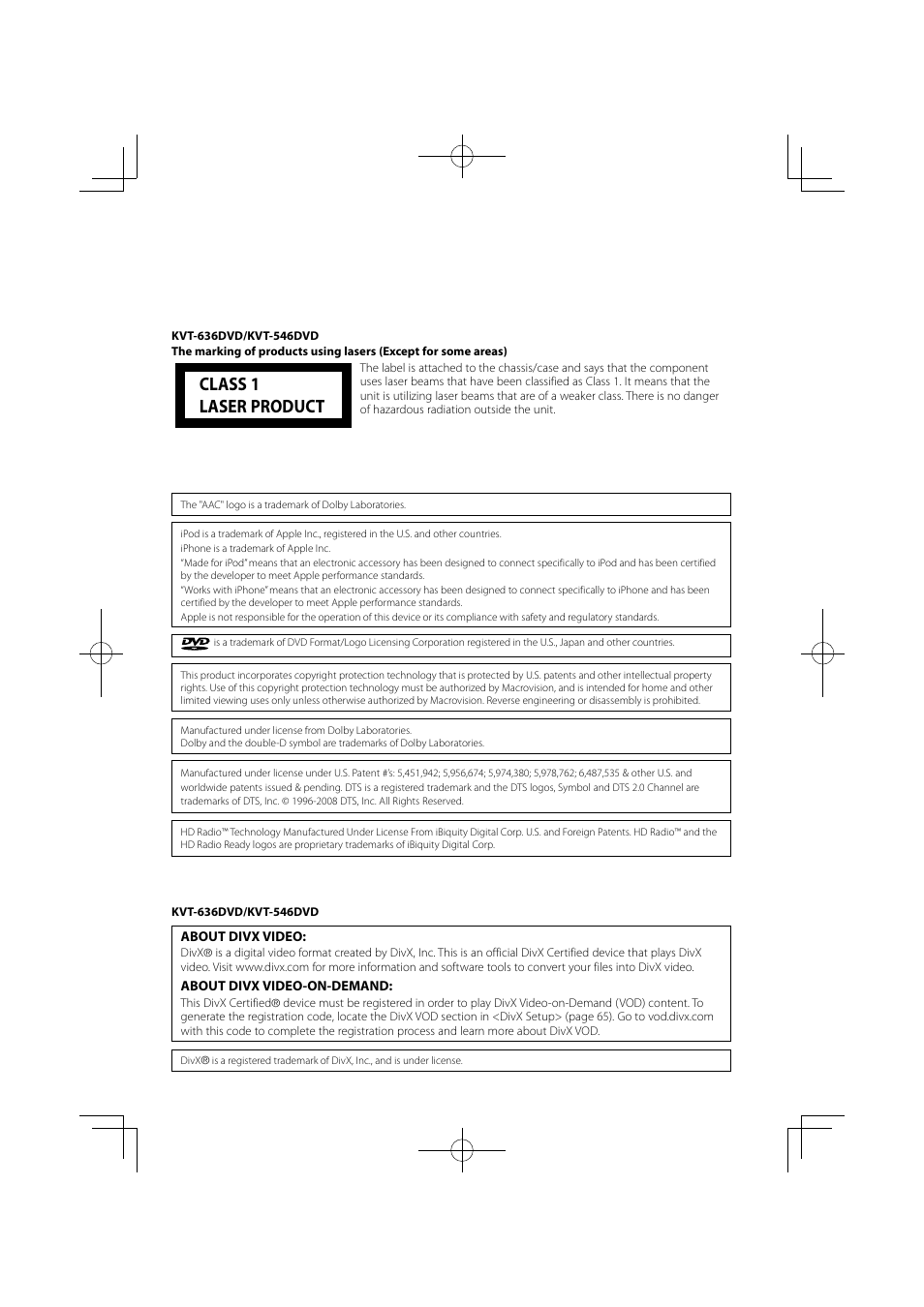 Class 1 laser product | Kenwood KVT-696 User Manual | Page 99 / 100