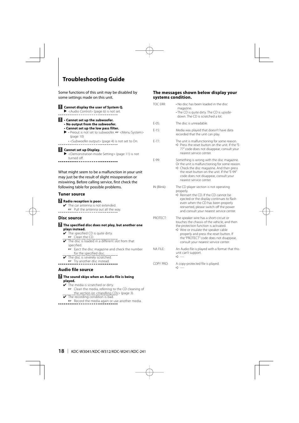 Troubleshooting guide | Kenwood KDC-W312  EN User Manual | Page 18 / 20