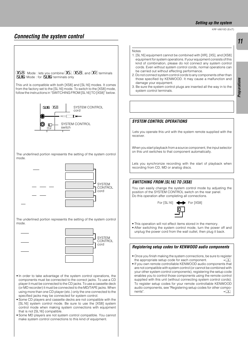 Connecting the system control, System control operations, Switching from [sl16] to [xs8 | Setting up the system | Kenwood KRF-V8010D User Manual | Page 11 / 28