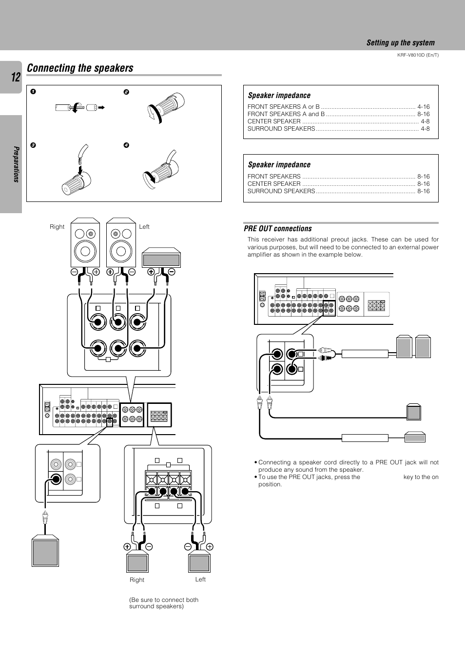 Connecting the speakers, Speaker impedance, Setting up the system pre out connections | Preparations | Kenwood KRF-V8010D User Manual | Page 12 / 28