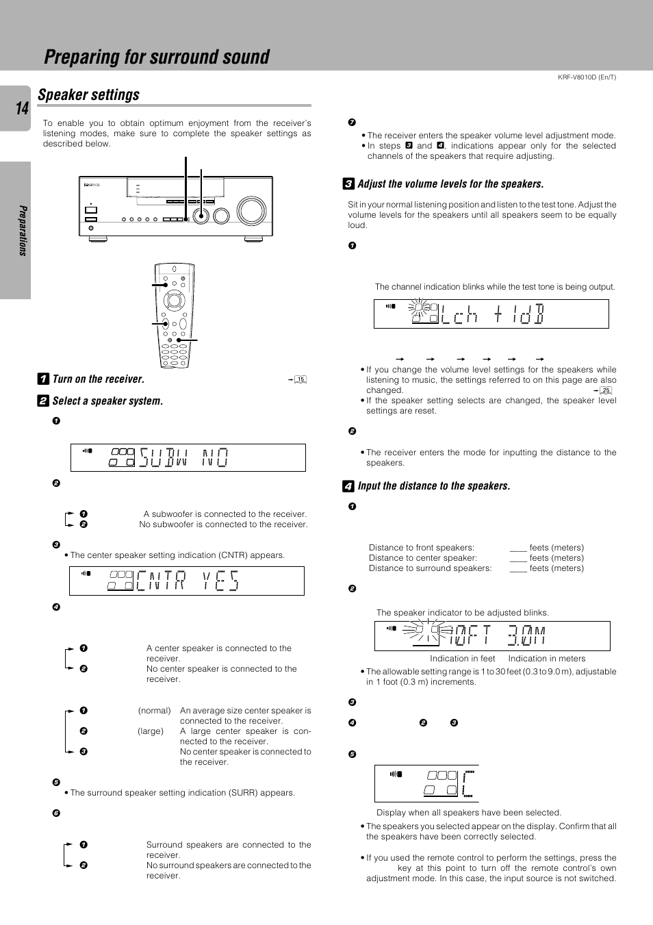 Preparing for surround sound, Speaker settings, 1)ft )m 3 | Cntr es y, Lch + db 1, Subw o n | Kenwood KRF-V8010D User Manual | Page 14 / 28