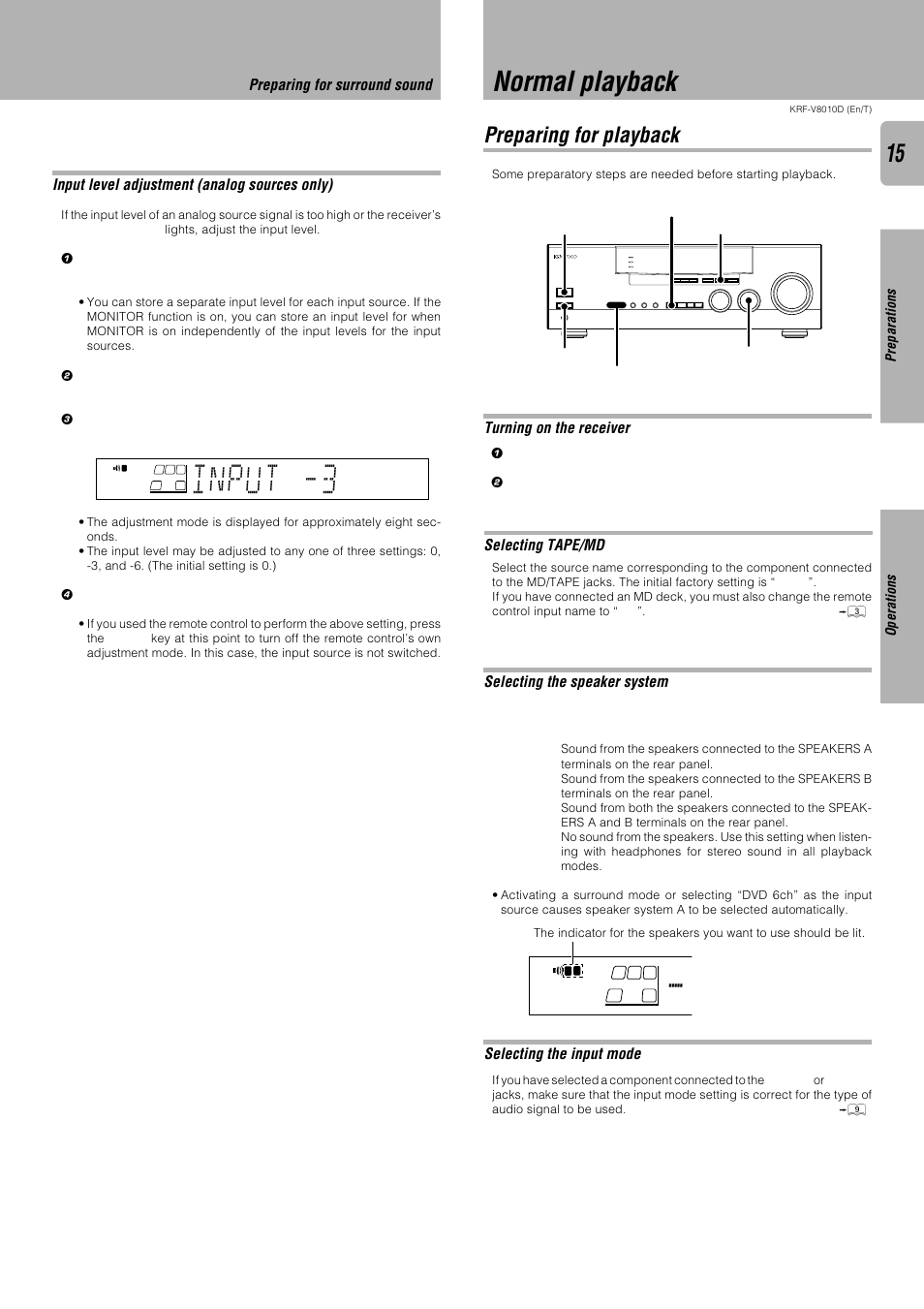 Normal playback, Preparing for playback, Input -3 | Turning on the receiver, Selecting tape/md, Selecting the input mode, Selecting the speaker system | Kenwood KRF-V8010D User Manual | Page 15 / 28