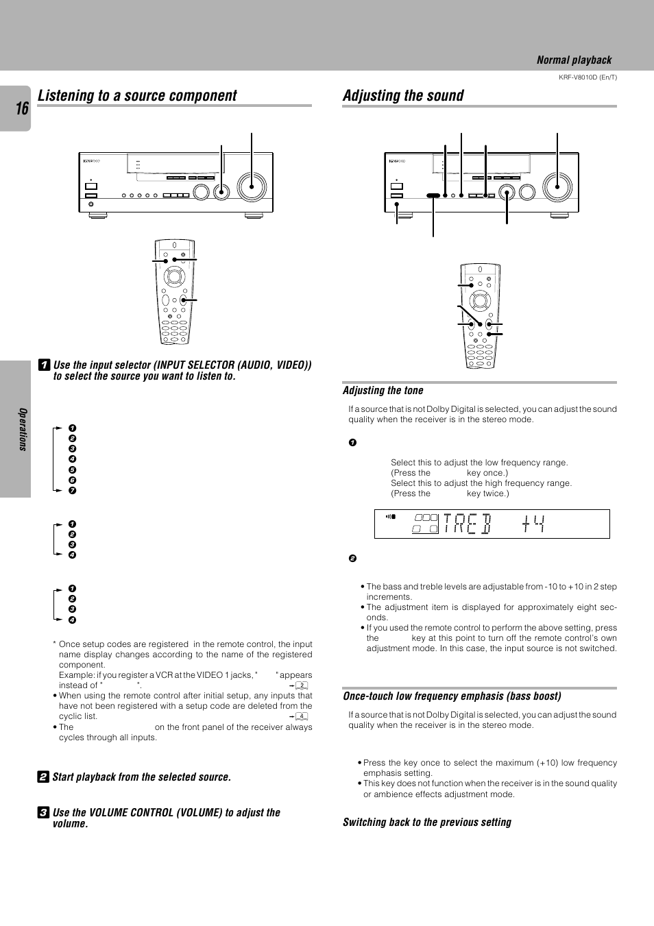 Listening to a source component, Adjusting the sound, Treb +4 | Kenwood KRF-V8010D User Manual | Page 16 / 28