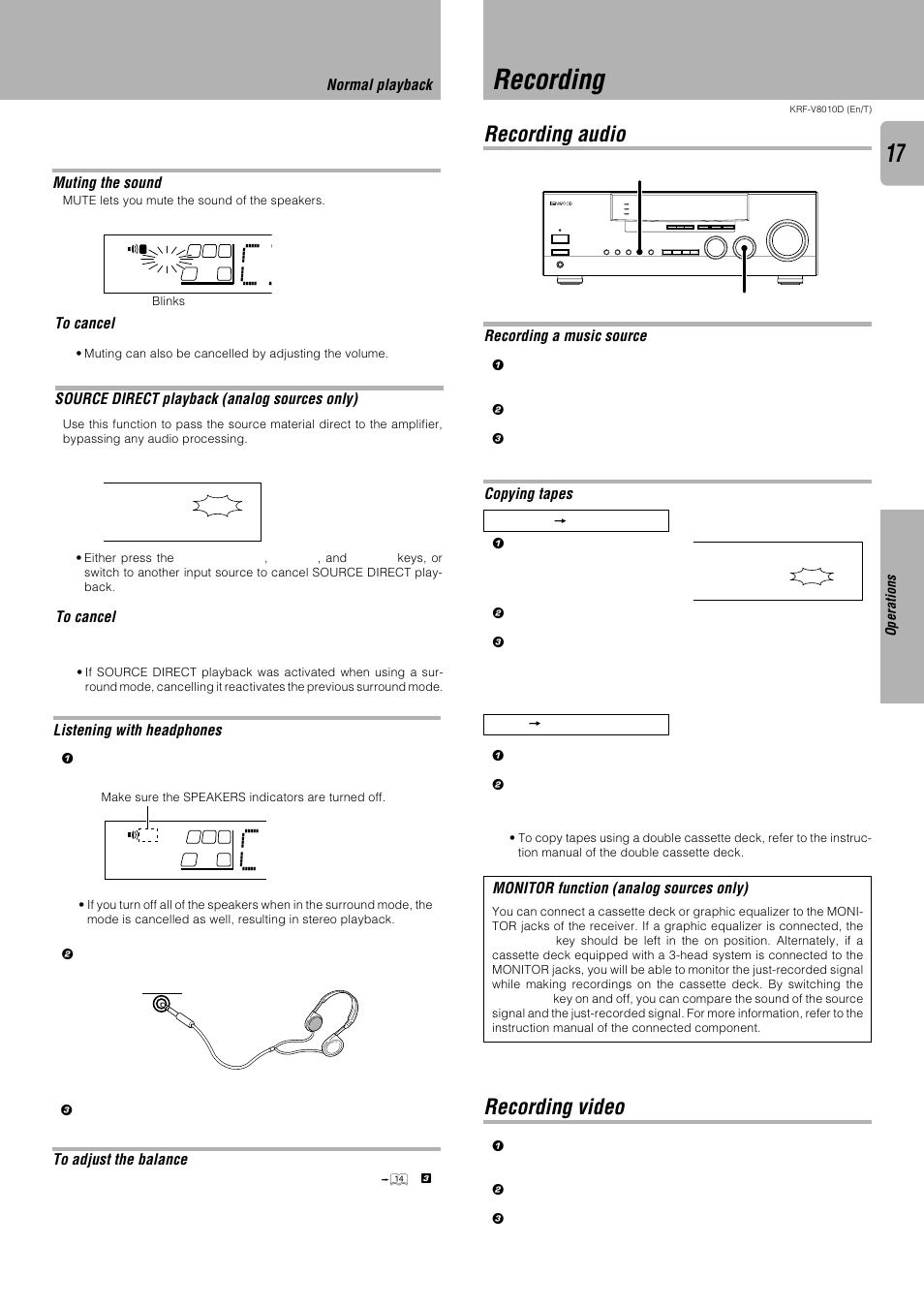 Recording, Recording audio, Recording video | Recording audio recording video, Source direct playback (analog sources only), Listening with headphones, Recording a music source, Copying tapes, Monitor function (analog sources only), Normal playback | Kenwood KRF-V8010D User Manual | Page 17 / 28