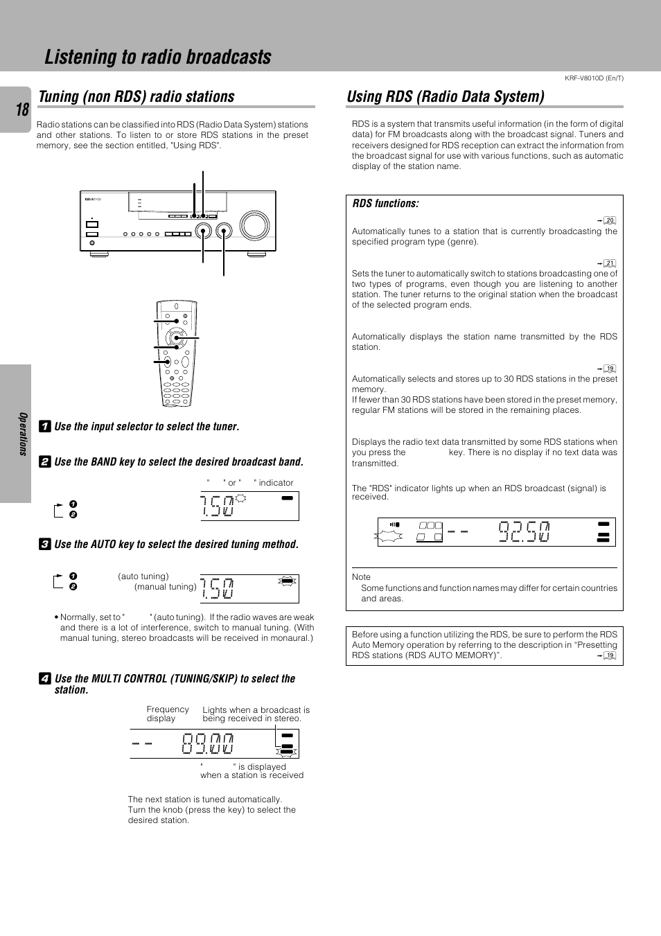 Listening to radio broadcasts, Tuning (non rds) radio stations, Using rds (radio data system) | Rds functions | Kenwood KRF-V8010D User Manual | Page 18 / 28