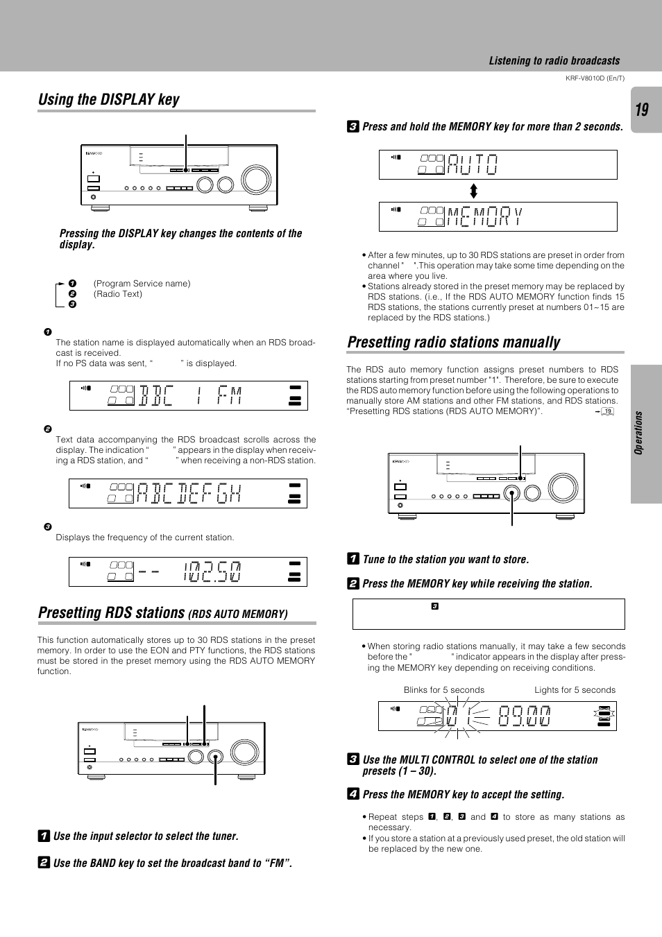 Using the display key, Presetting rds stations (rds auto memory), Presetting radio stations manually | Bbc 1 fm, Abcde gh f, Auto, Presetting rds stations, Tune to the station you want to store, Listening to radio broadcasts, Operations | Kenwood KRF-V8010D User Manual | Page 19 / 28