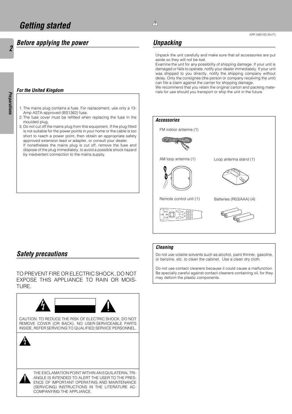 Getting started, Before applying the power, Safety precautions | Unpacking, Safety precautions unpacking, Warning | Kenwood KRF-V8010D User Manual | Page 2 / 28
