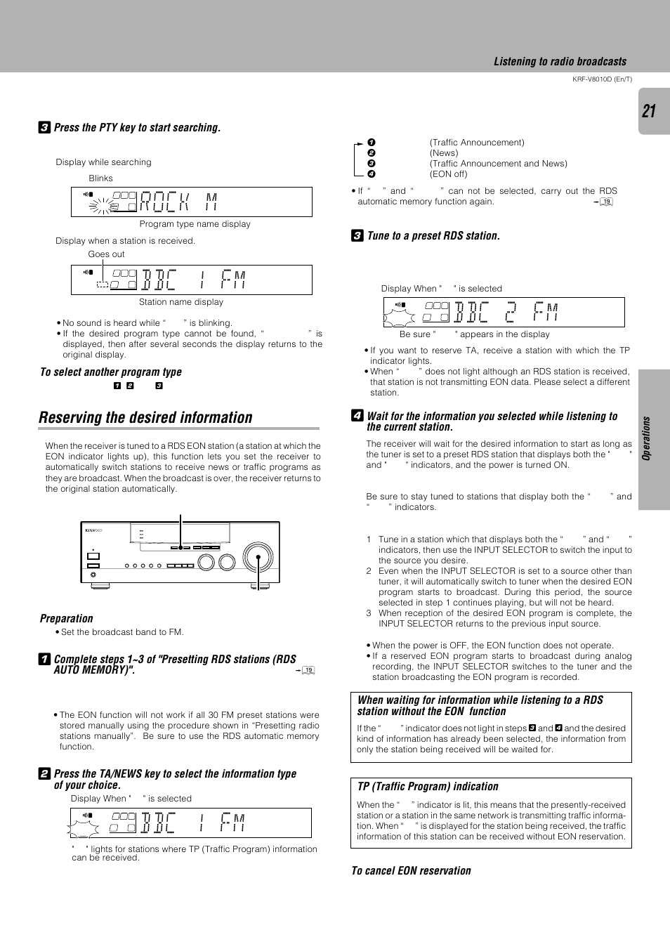 Reserving the desired information, Bbc 1 fm, Bbc 2 fm | Rock m, Press the pty key to start searching, Preparation, Tune to a preset rds station, Tp (traffic program) indication, Listening to radio broadcasts, Operations | Kenwood KRF-V8010D User Manual | Page 21 / 28