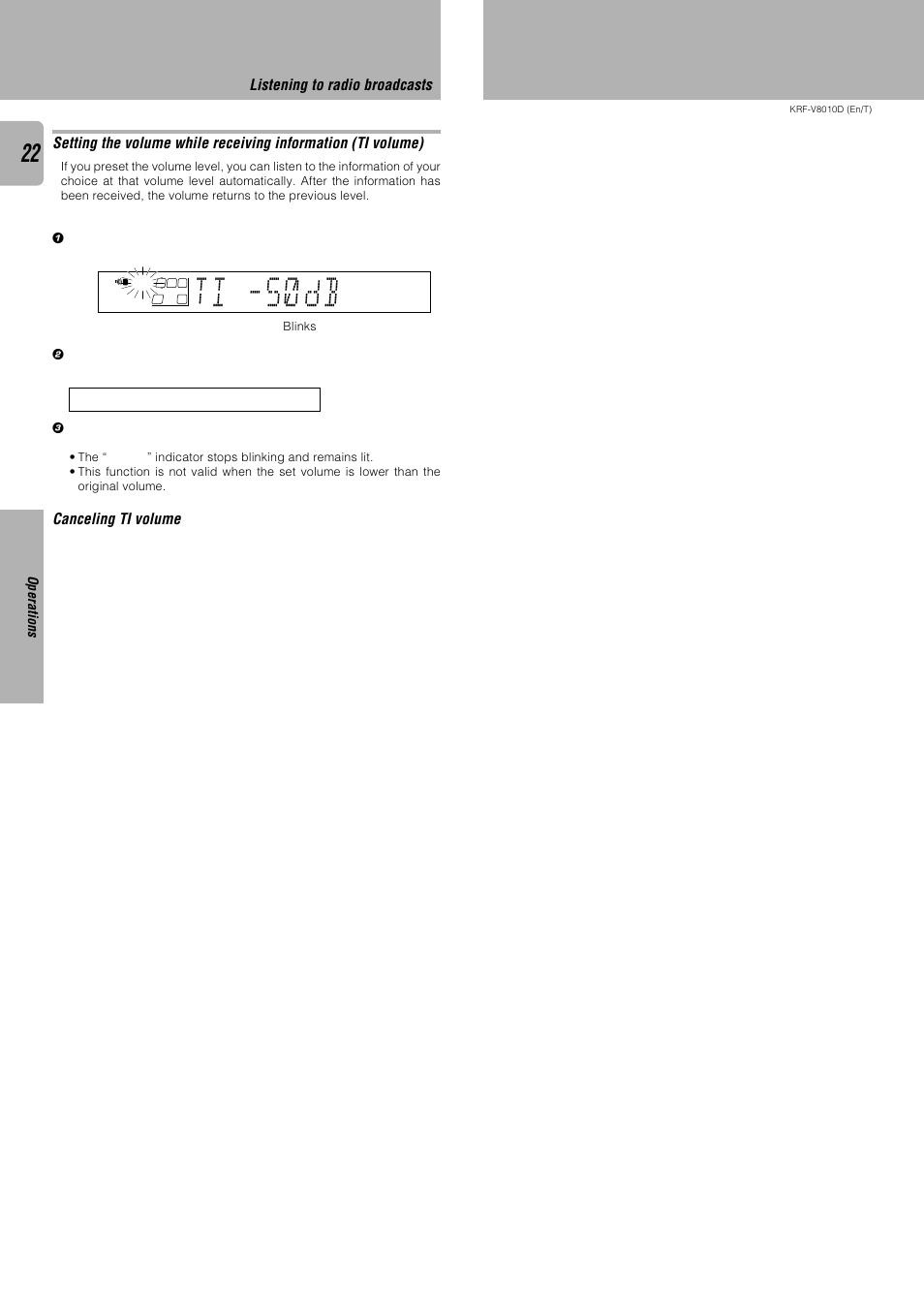 Ti -5 db ), Canceling ti volume, Listening to radio broadcasts | Operations | Kenwood KRF-V8010D User Manual | Page 22 / 28
