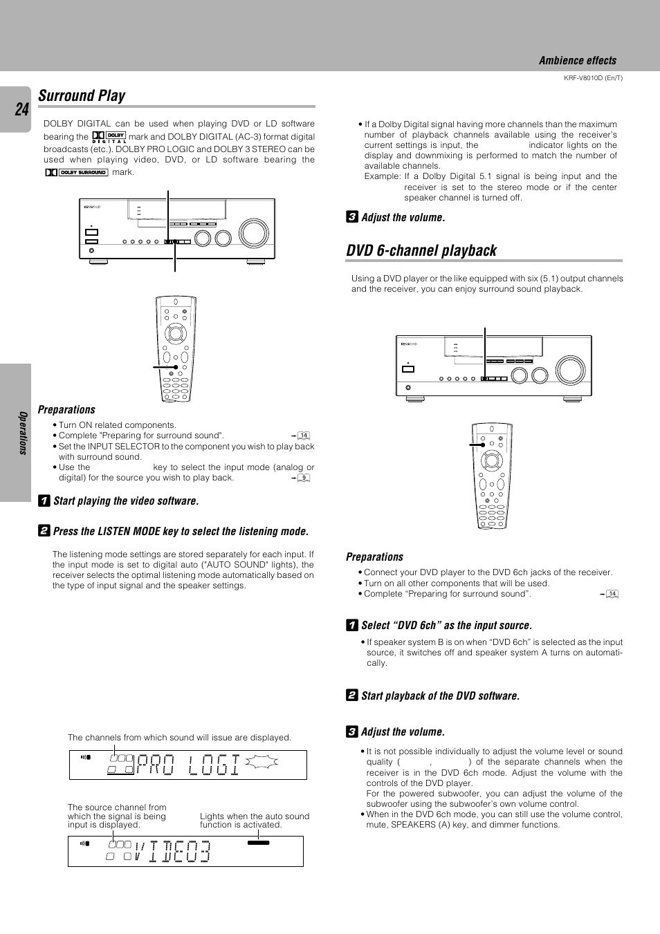 Surround play, Dvd 6-channel playback, Video3 | Pro l gi o, Preparations, Adjust the volume, Preparations select “dvd 6ch” as the input source, Ambience effects | Kenwood KRF-V8010D User Manual | Page 24 / 28