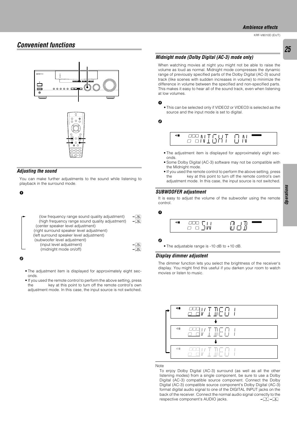Convenient functions, Sw d b ), Video1 | Night n o, Adjusting the sound, Midnight mode (dolby digital (ac-3) mode only), Subwoofer adjustment, Display dimmer adjustent, Ambience effects | Kenwood KRF-V8010D User Manual | Page 25 / 28