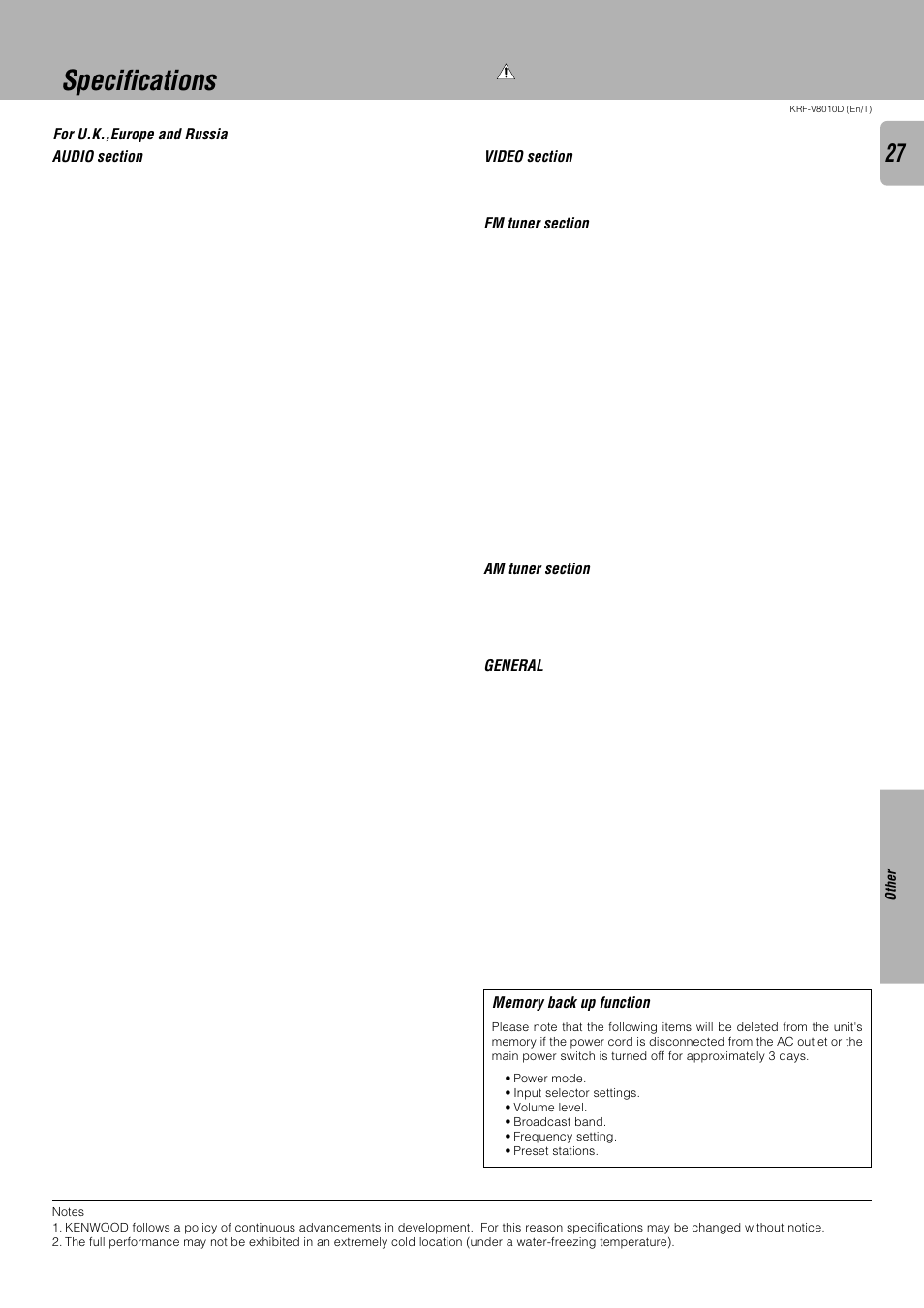 Specifications | Kenwood KRF-V8010D User Manual | Page 27 / 28