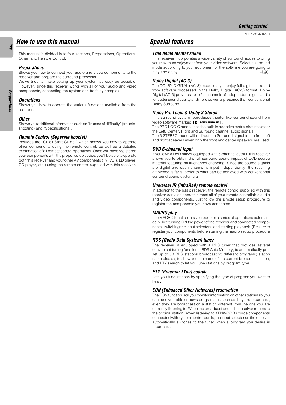 How to use this manual, Special features | Kenwood KRF-V8010D User Manual | Page 4 / 28