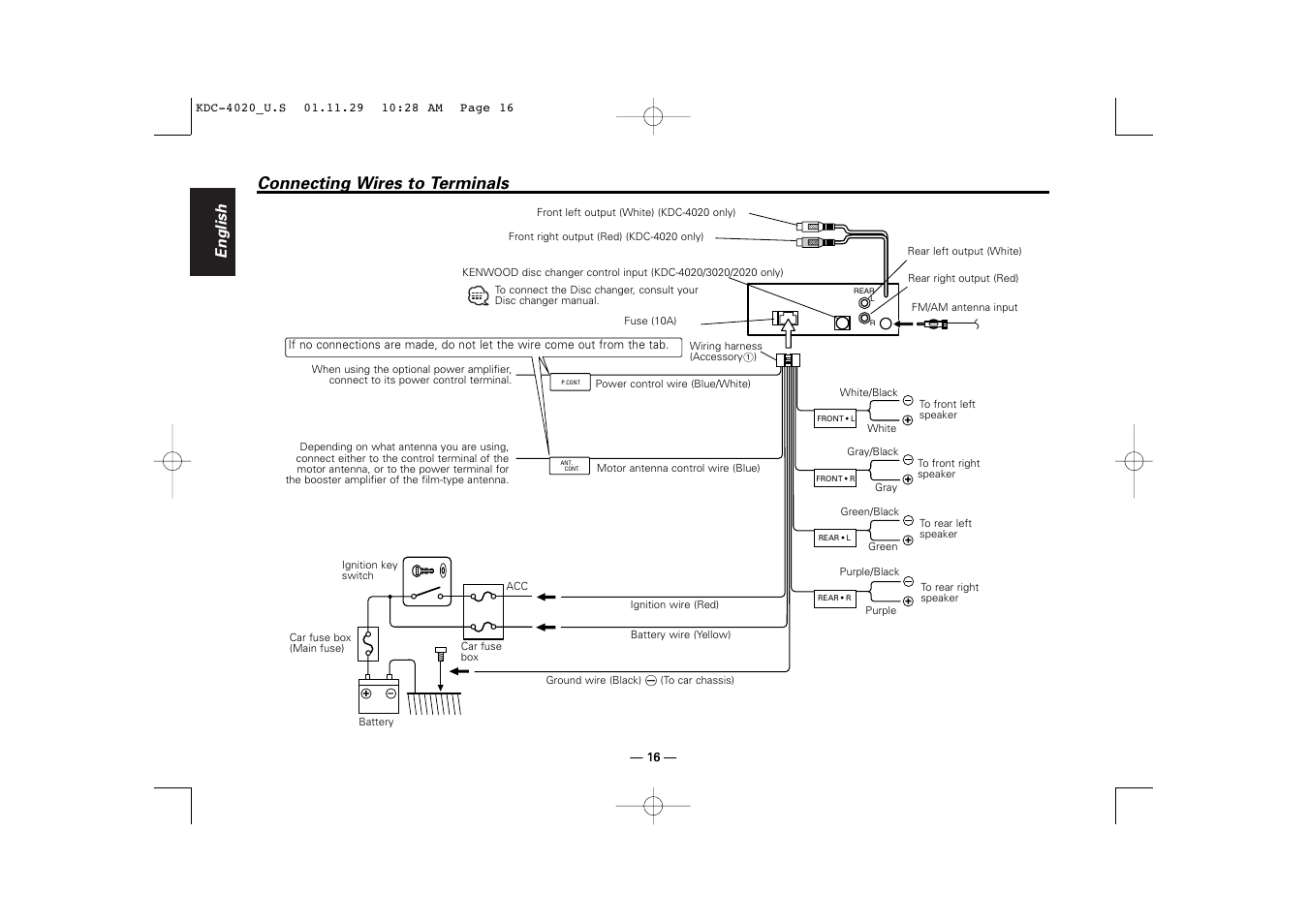 Connecting wires to terminals, English | Kenwood KDC-2020 User Manual | Page 16 / 22